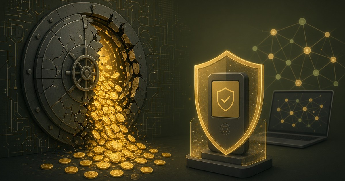 Geborstener Tresor mit herausfließenden Goldmünzen, daneben eine Hardware-Wallet unter einem goldenen Schild (KI-generiert)