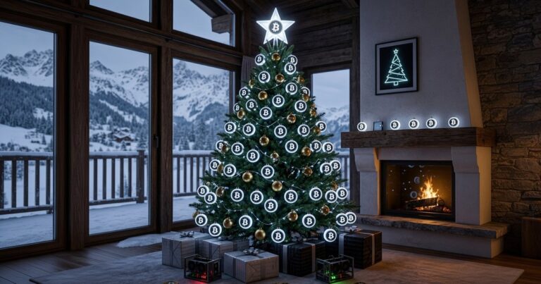 Weihnachtsbaum mit Bitcoin-Symbolen als Christbaumkugeln vor Bergpanorama und Kamin, darunter Geschenke und kleine Mining-Geräte (KI-generiert)