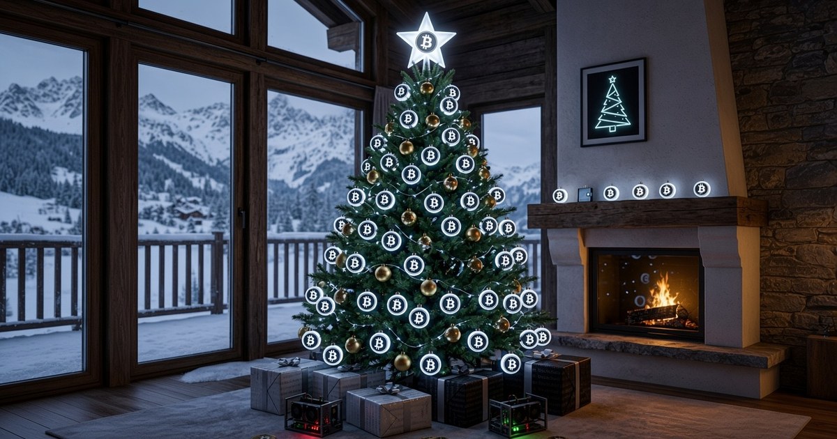 Weihnachtsbaum mit Bitcoin-Symbolen als Christbaumkugeln vor Bergpanorama und Kamin, darunter Geschenke und kleine Mining-Geräte (KI-generiert)