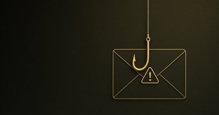 Goldener Angelhaken hängt vor einem stilisierten E-Mail-Umschlag mit Warndreieck auf dunklem olivfarbenem Hintergrund
