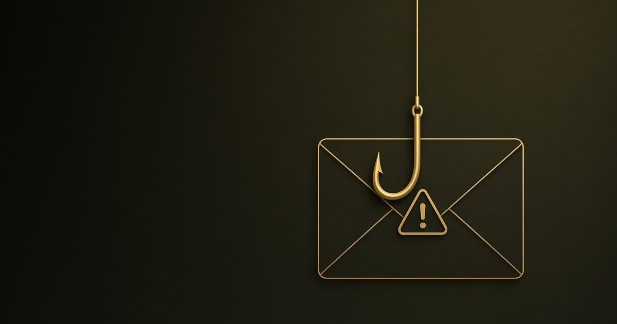 Goldener Angelhaken hängt vor einem stilisierten E-Mail-Umschlag mit Warndreieck auf dunklem olivfarbenem Hintergrund