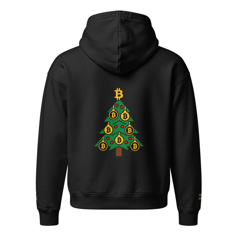 Schwarzer Bitcoin-Hoodie „Christmas“ von hinten mit Weihnachtsbaum aus Bitcoin-Symbolen