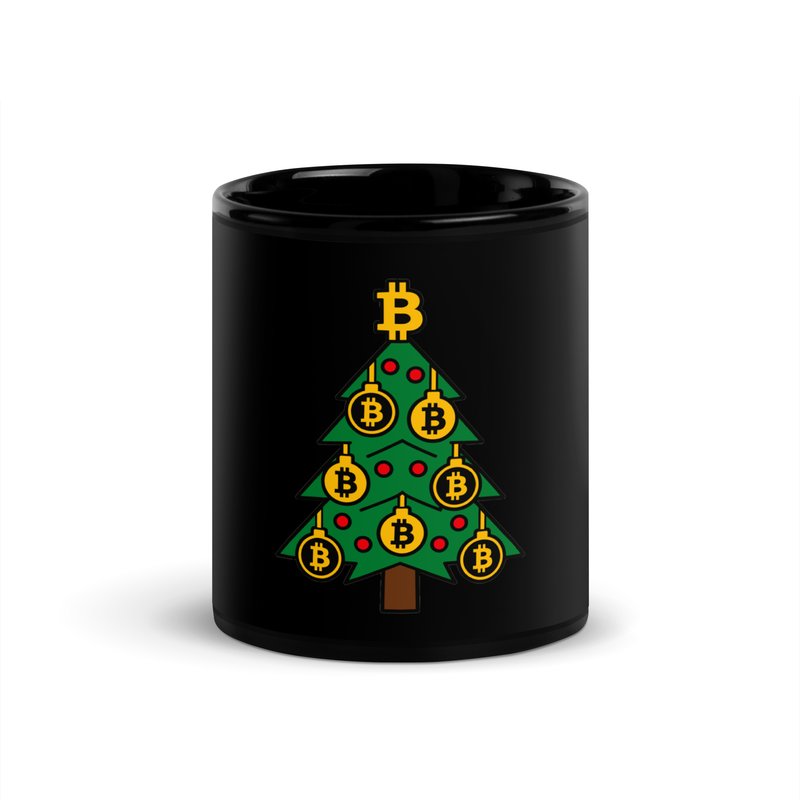 Schwarze Bitcoin-Tasse „Christmas“ mit Weihnachtsbaum aus Bitcoin-Symbolen